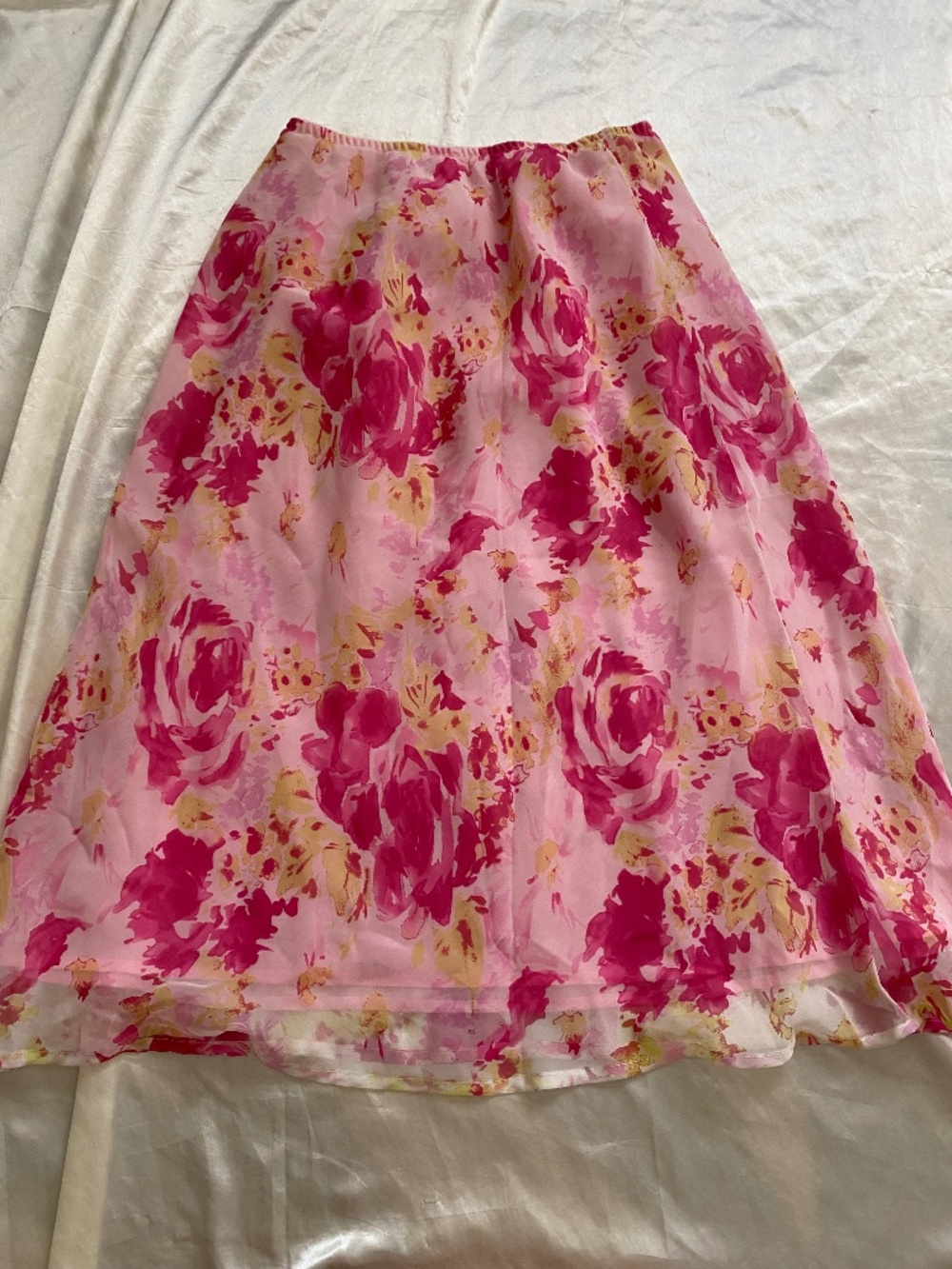 Vintage y2k Pink Floral Chiffon Rose Midi Skirt Fairy Boho Size 8